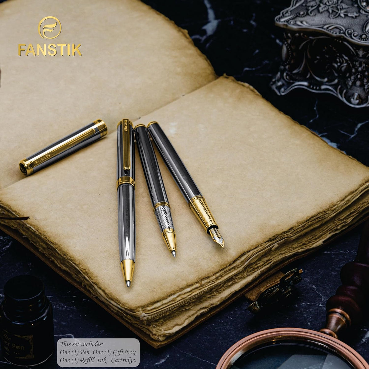 Customized Silver&Gold Luxury ballpoint pen (Made In USA) fancy gift set for women, Real 24K Gold Plating, Professional executive pen gift set for men (Lux Custom-BallPoint Silver-Gold)