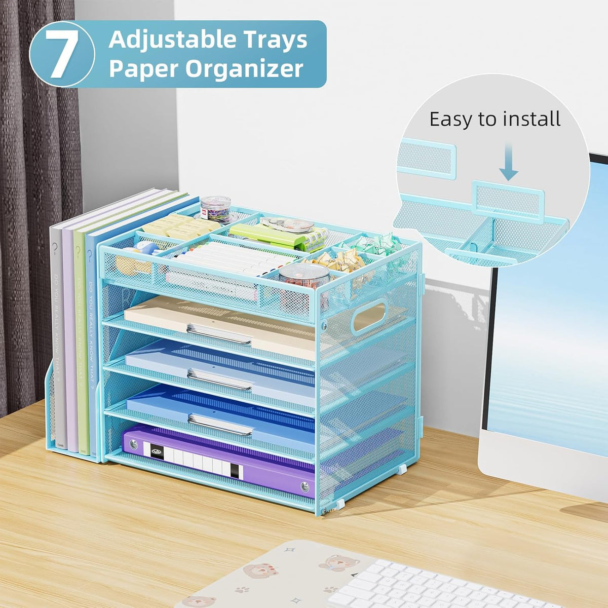 Marbrasse 5-Tier Desk Organizer with File Holder,Paper Letter Tray Organizer,Desktop File Organizer with Adjustable Compartments,Mesh Desk Organizers and Accessories for Office Supplies,Blue