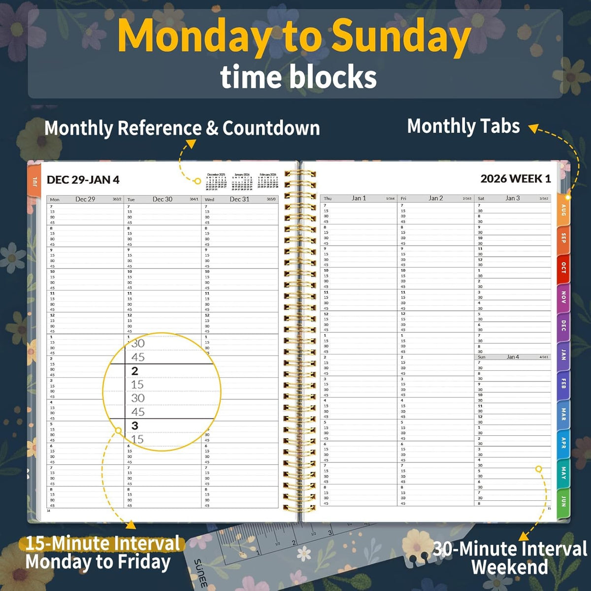SUNEE 2026 Appointment Book, Quarter-Hourly, Weekly & Monthly - from January 2026 - December 2026, 8.5"x11" Weekly Planner, Flexible Cover, Note Pages, Pockets, Bookmark, Spiral Binding, Navy Flower