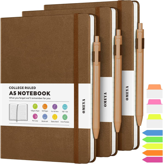 Lined Journal Notebook, 3 Pack A5 College Ruled Notebooks for Work, Hardcover Notebook Each with 2 Pockets & Pen, Leather Journal for Women, Men, 160 Pages, 100GSM Thick Paper ( Brown 5.7" x 8.3" )