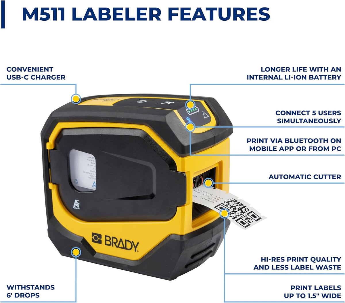 Brady M511 Portable Wireless Industrial Label Printer, Bluetooth Compatible, Comes with a Hard Case, Power Brick, 3 Label Cartridges, Magnet, Utility Hook Workstation Product/Wire Suite