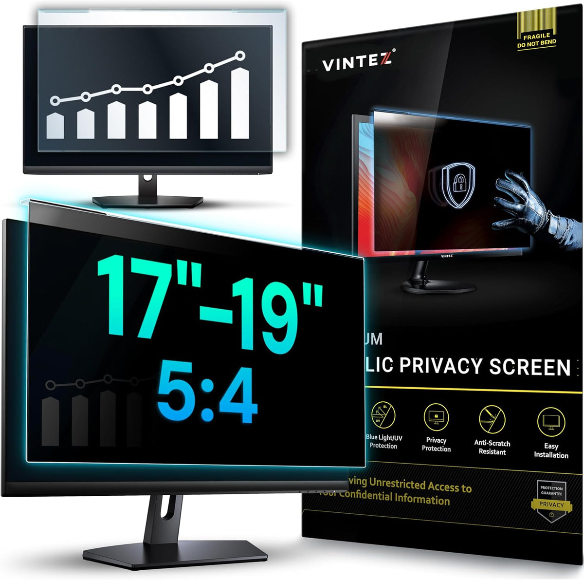 Universal Acrylic 17, 17.1, 18.1, 19 Inch Computer Privacy Screen Filter for Square Computer Monitors - 5:4 Aspect Ratio - 15.3" x 12.6" (390 x 320mm) - Monitor Frame Hanging Type