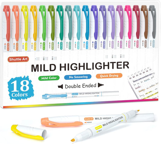 Shuttle Art Pastel Highlighters, 18 Colours Dual Tip Highlighters, Highlighter Markers Assorted Colours, Perfect for Colouring, Underlining, Highlighting, Journaling in School Office Home