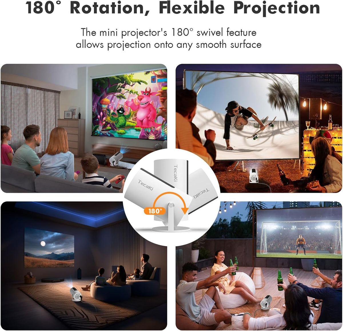 [Netflix Officially Licensed] Tecaki Mini Projector, Portable Smart Projector with WiFi and Bluetooth, 180° Rotatable Stand, Auto Keystone & Electric Focus, 4K Supported