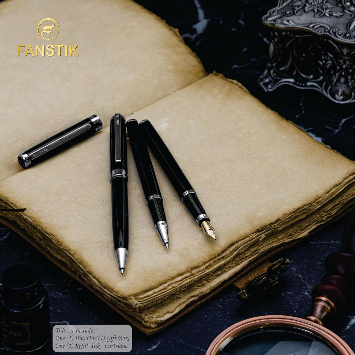 Black & Silver Luxury fountain pen (Made In USA) fancy gift set for women, Real 24K Gold Plating, Professional executive pen gift set for men (Lux fountain Black-Silver)