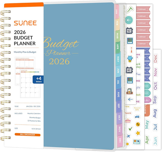 SUNEE 2026 Budget Planner - Deluxe Monthly Budget Book from JAN 2026 - DEC 2026, Bill Organizer with 12-Pockets, Expense Tracker Notebook B5 Size (8" x 10"), Finance Planner Account Book, Blue