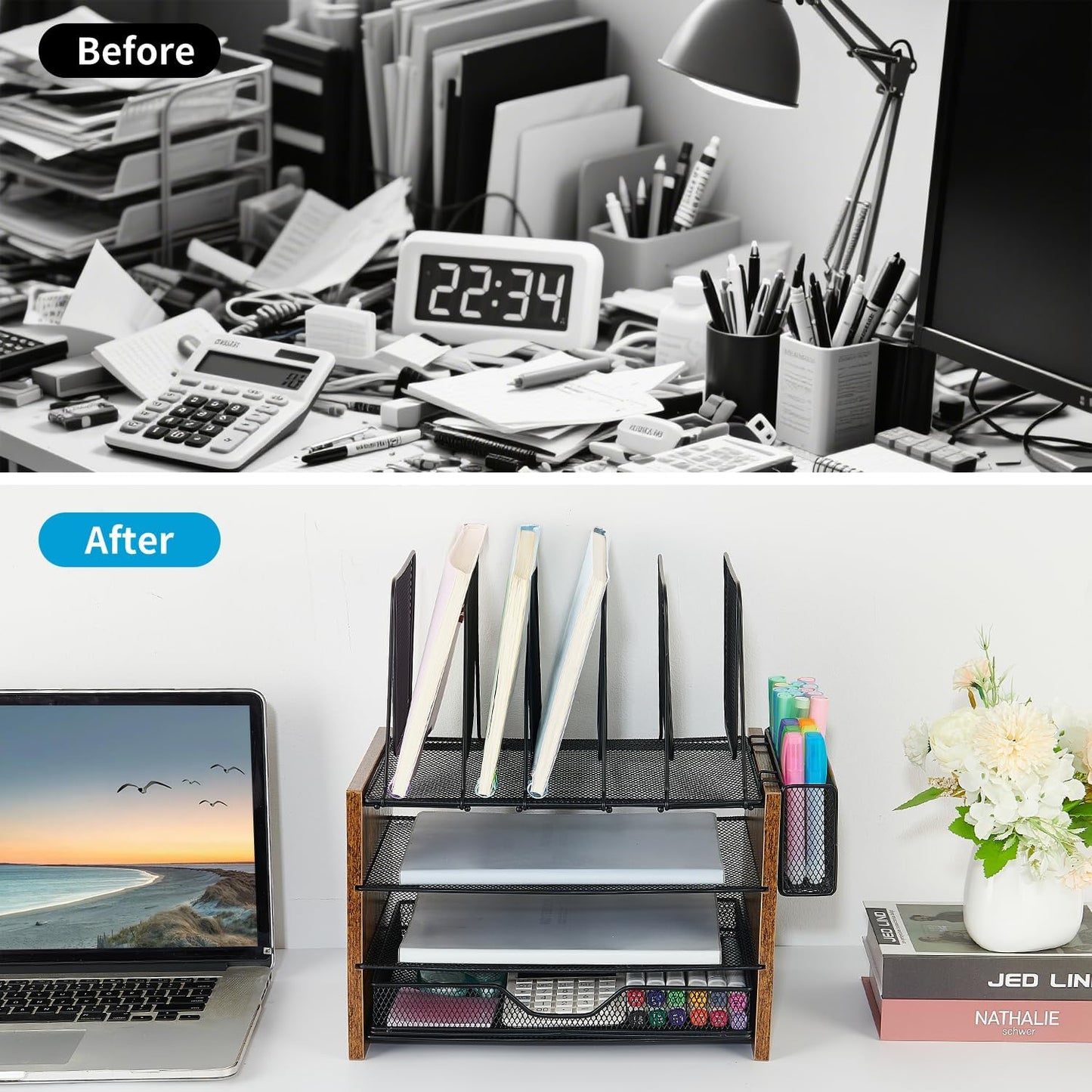 Wood Desk Organizers and Accessories, 4-Tier Workspace Desktop Paper Organizer with Drawer, 5 Vertical File Holders and Pen Holder for Office Supplies