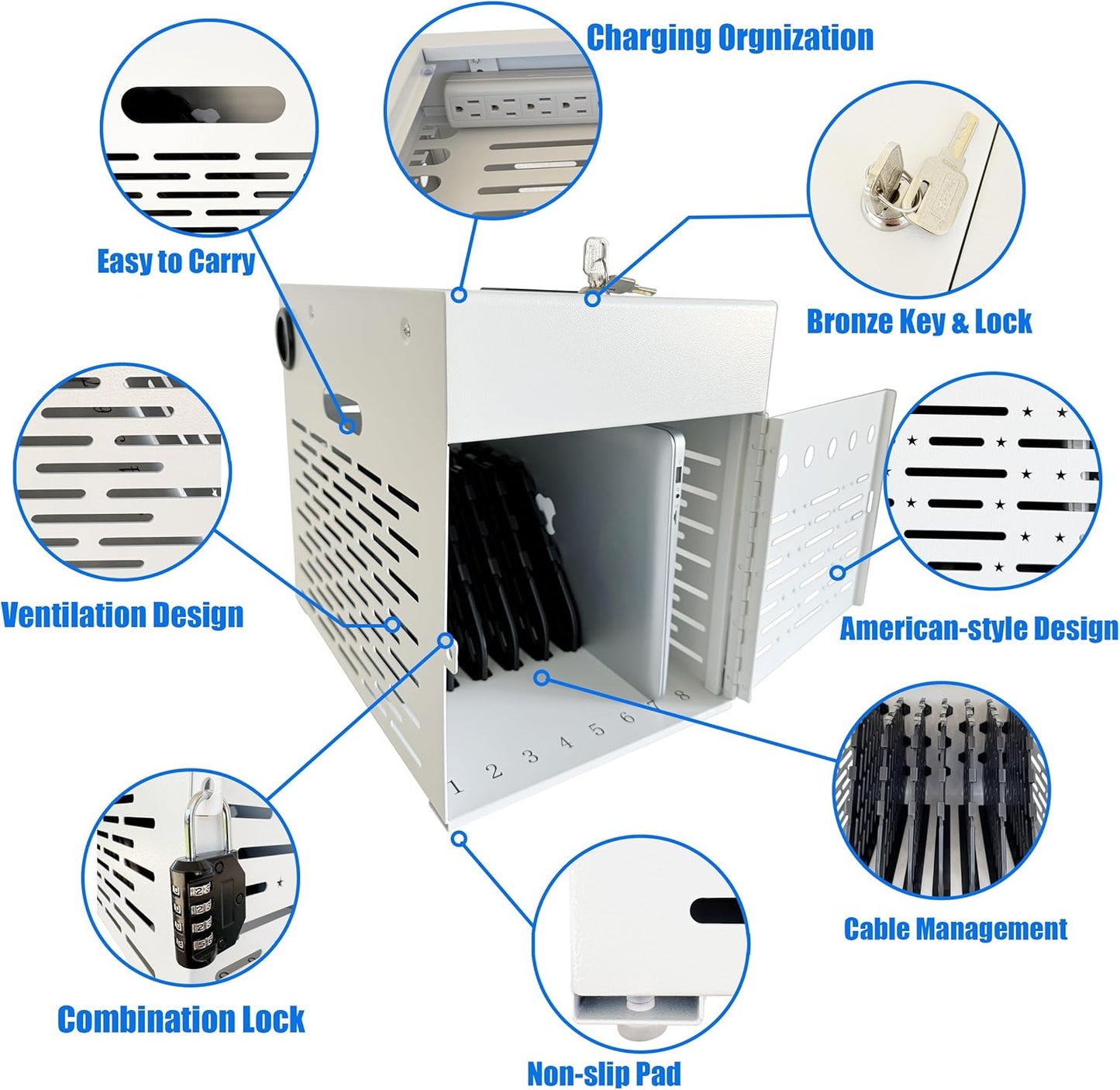 8-Device Tablet Charging Station, Lockable Steel Case Fits 14" Chromebooks, iPads, Laptops & Tablets, Secure Storage with 2 Keys, Ideal for Classrooms, Offices & Hospitals, White