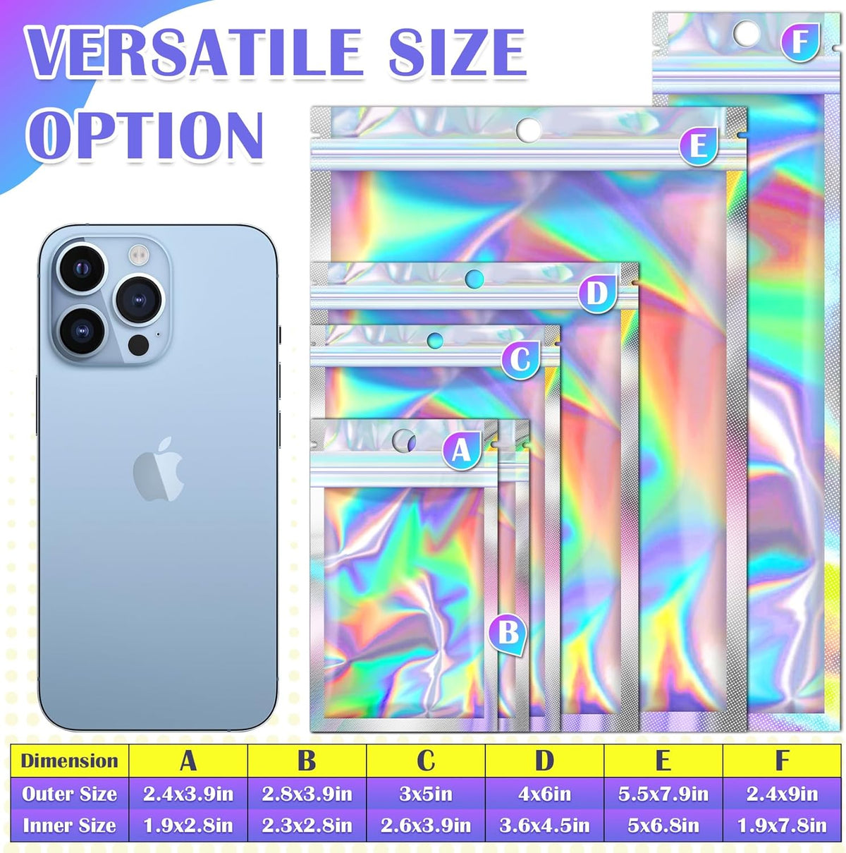 300 Pcs Mylar Bags, Smell Proof Bags Foil Pouch, Holographic Resealable Bags for Small Business, Candy Sample Jewelry Bag Sealable Packaging for Party Favor Food Storage ((2.8x3.9in)