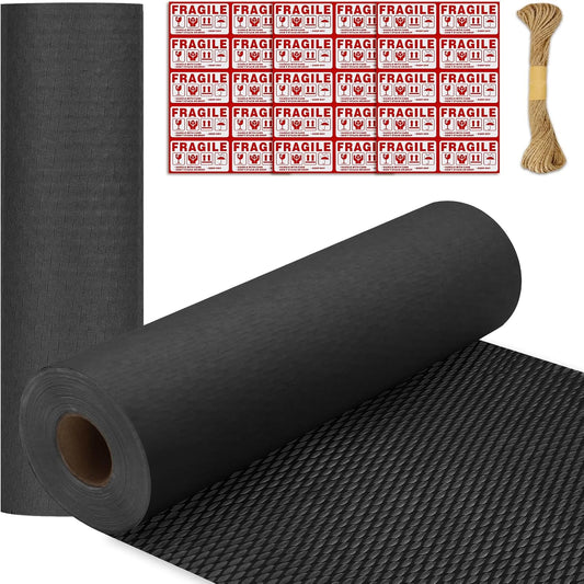 Honeycomb Packing Paper 15"x131' Recyclable Honeycomb Paper Moving Supplies Bubble Paper Wrapping Protective Roll with 30 Fragile Sticker Labels and 66ft of Jute rope (Black)