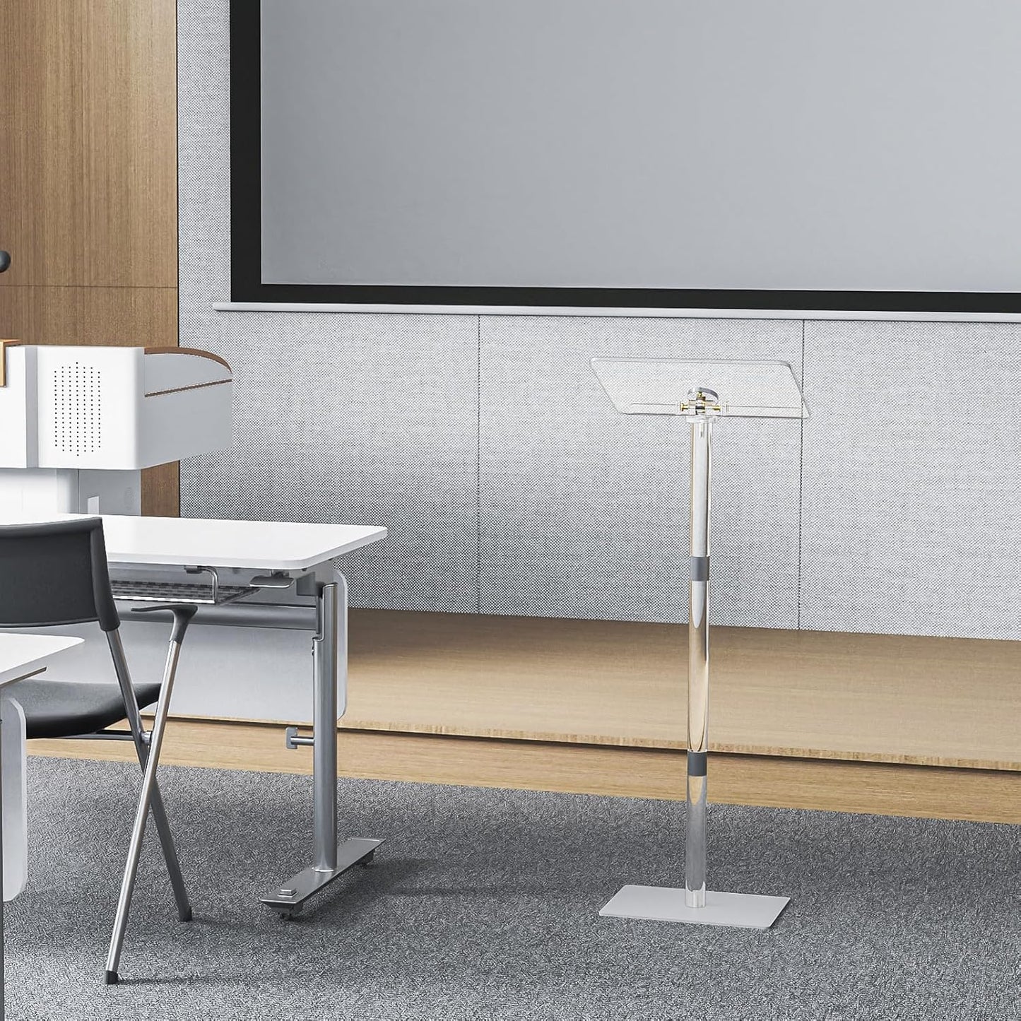 HMYHUM Small Acrylic Podium Stand, Angle Adjustable, 15.7" L x 11.8" W x 42.3" H, Modern Lecterns & Pulpits for Classroom, Concert, Church, Speech, Easy Assembly, Metal Base, Clear