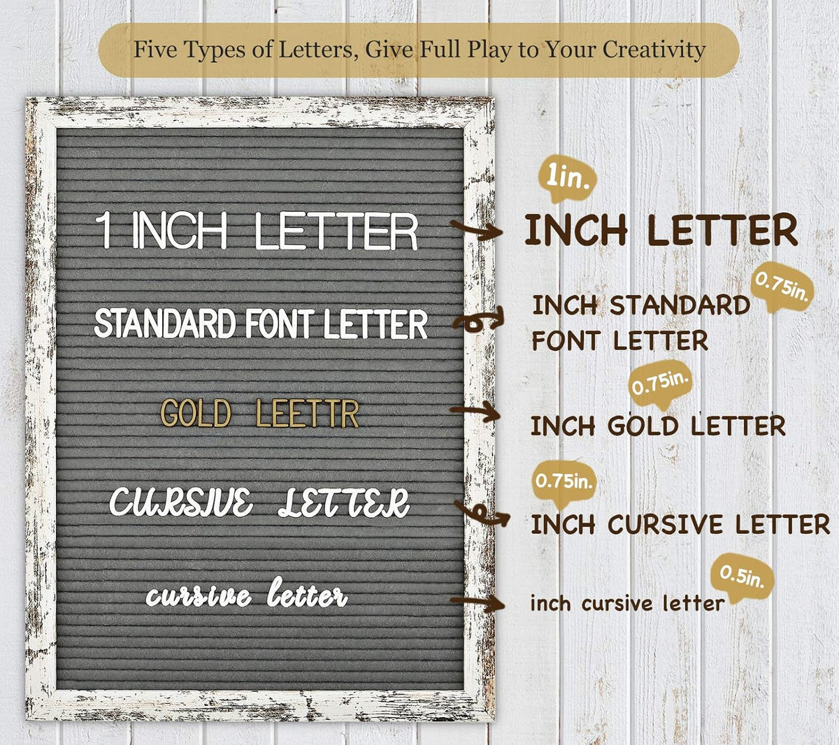 Felt Letter Board 12x16 Inch Rustic Wood Frame - Pre Cut & Sorted 725 Letters with Stand, Cursive Style Letters, Big Letters, Plastic Organizer, Shabby Chic Vintage Decor