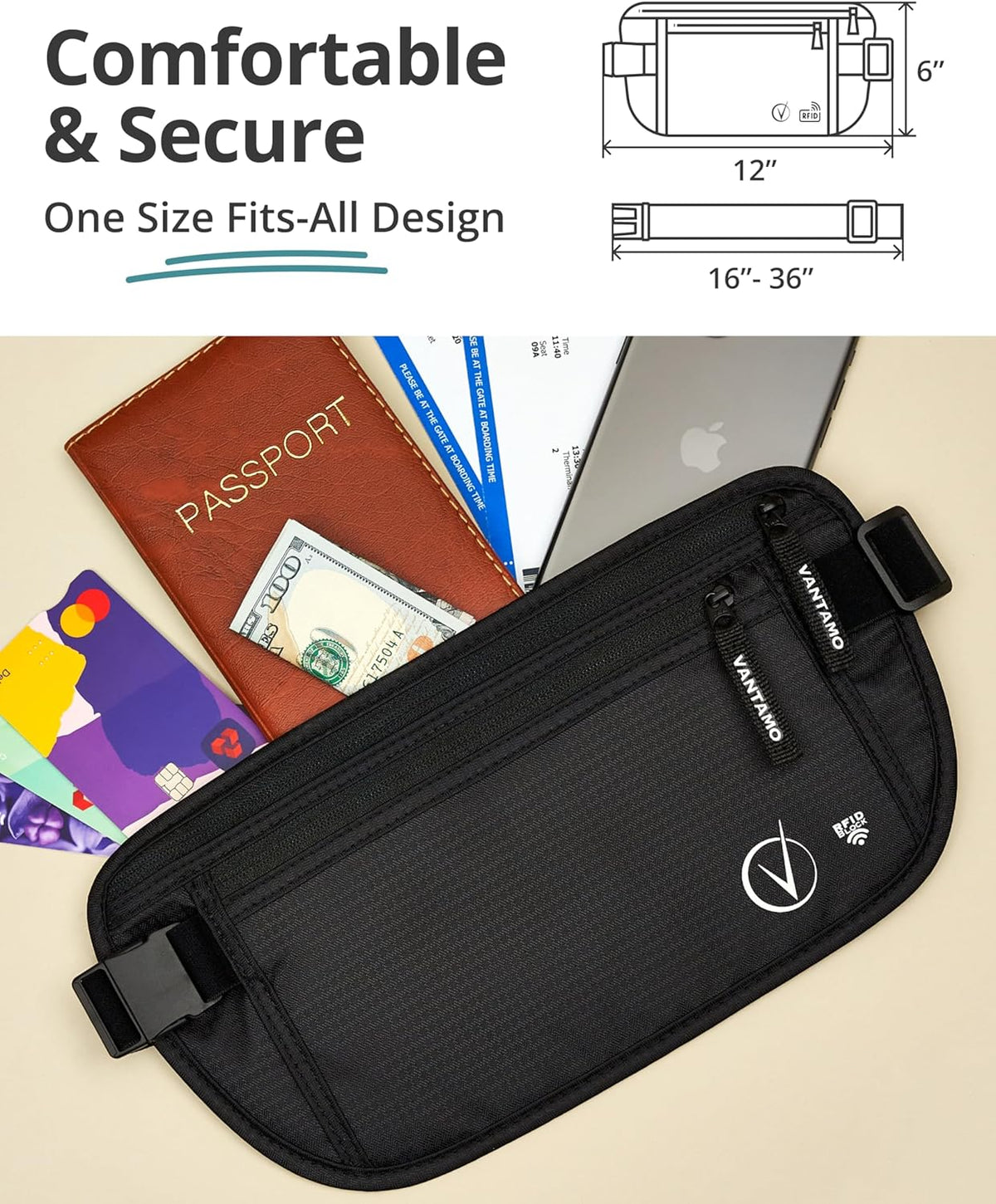 Vantamo Hidden Money Belt For Extra Safety, RFID Ultra-Thin Fanny Pack, 2 Compartment Money Bag Fits Passport & Phone