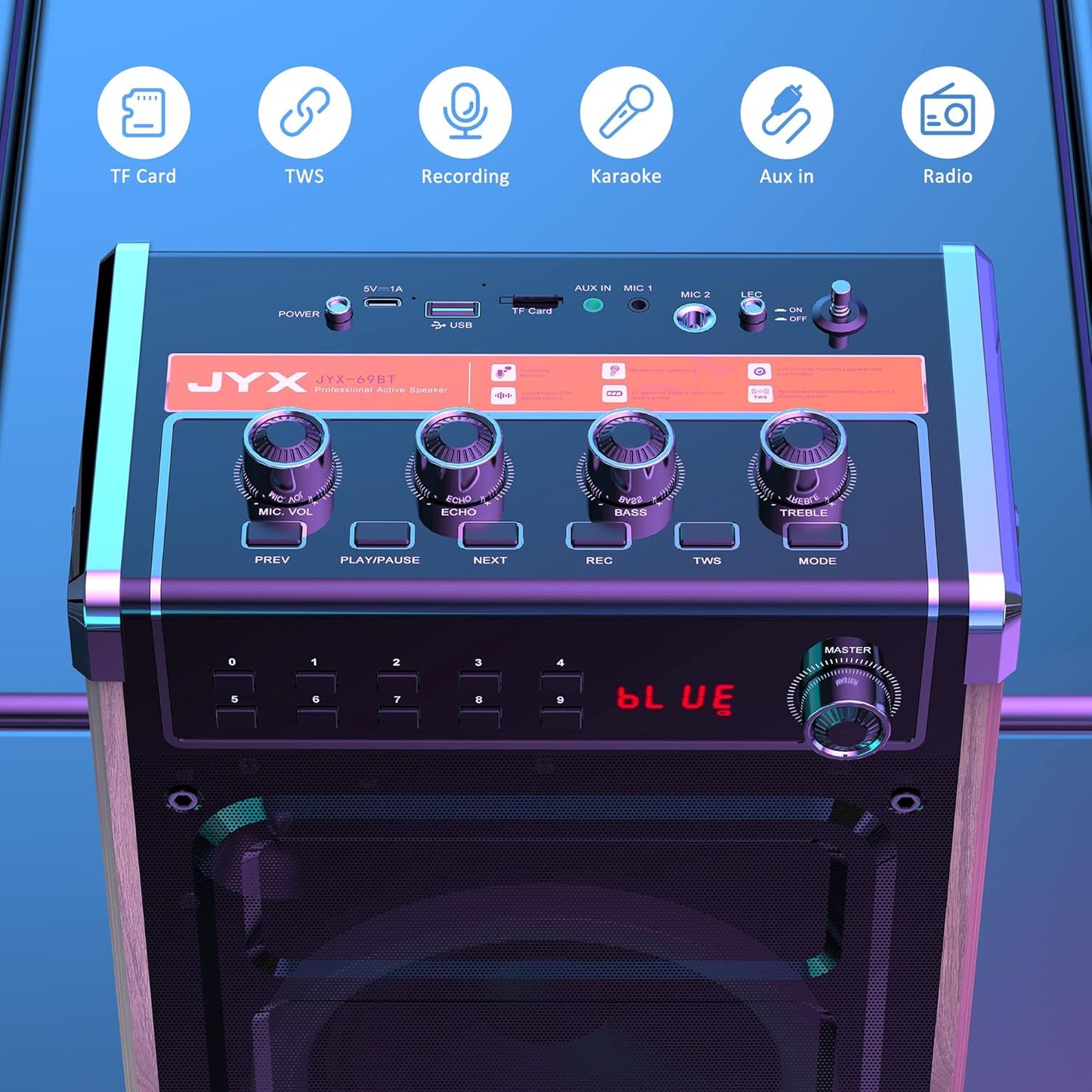 JYX Karaoke Machine with 2 UHF Wireless Microphones, Bluetooth Speaker with Bass/Treble Adjustment and LED Light, PA System Support TWS, AUX in, FM, REC, Supply for Party/Adults/Kids - Wood Grain