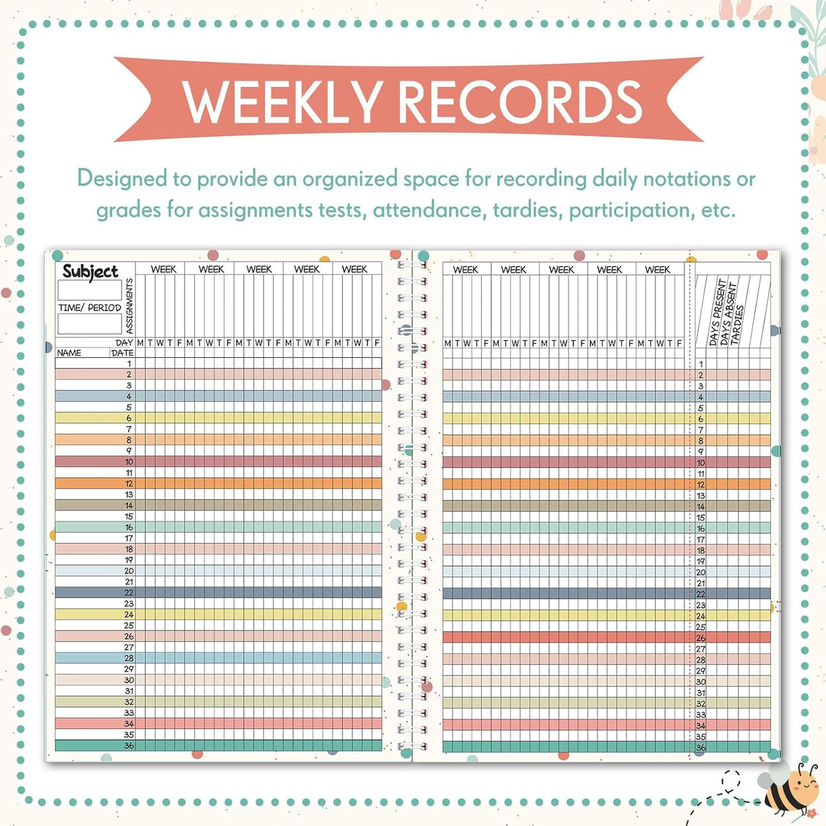 Teacher Record Book Teacher Grade Book Spiral Bound Record Class Gradebook Office Favors Gift for Classroom Attendance Supplies Decoration Double Sided Color Printing(Boho)