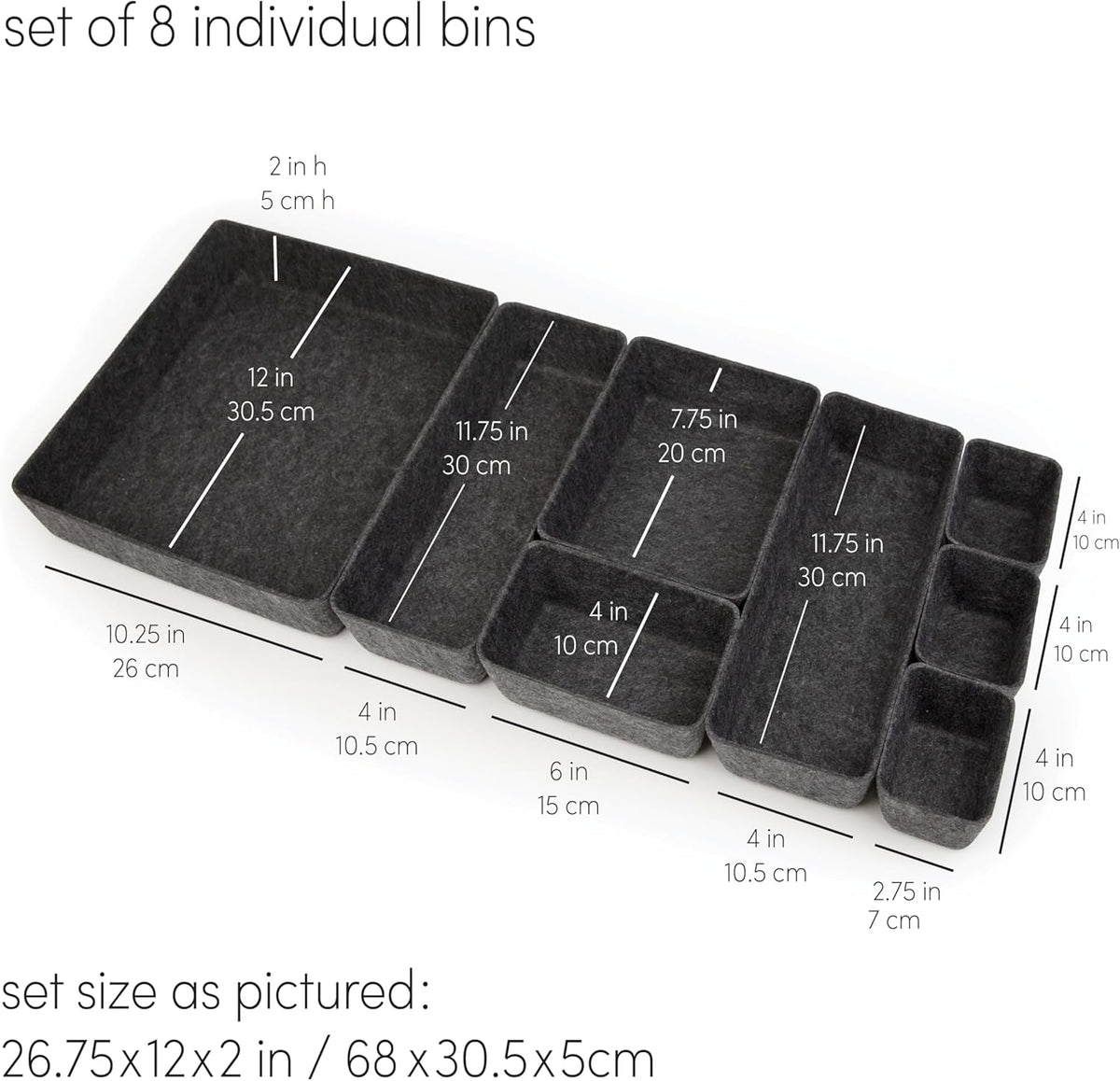 Three by Three Seattle Felt·Like·It! Felt Bins for Office, Crafts, Classroom, Living Room, Bedroom: Charcoal, Set of 8