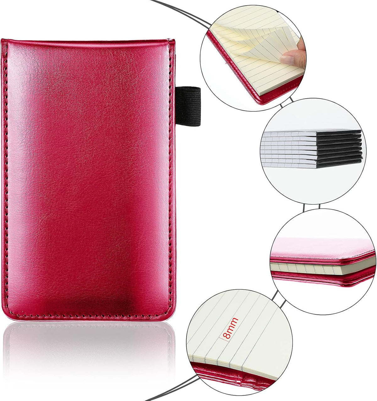 Outus 10 Pcs Pocket Notebook with Pen Set Included Mini Pocket Notepad Holder with 50 Lined Sheets, Metal Pen, 8 Pcs 3 x 5 Inch Memo Book Refills, 30 Lined Paper Per Note Pad (Rose Red)