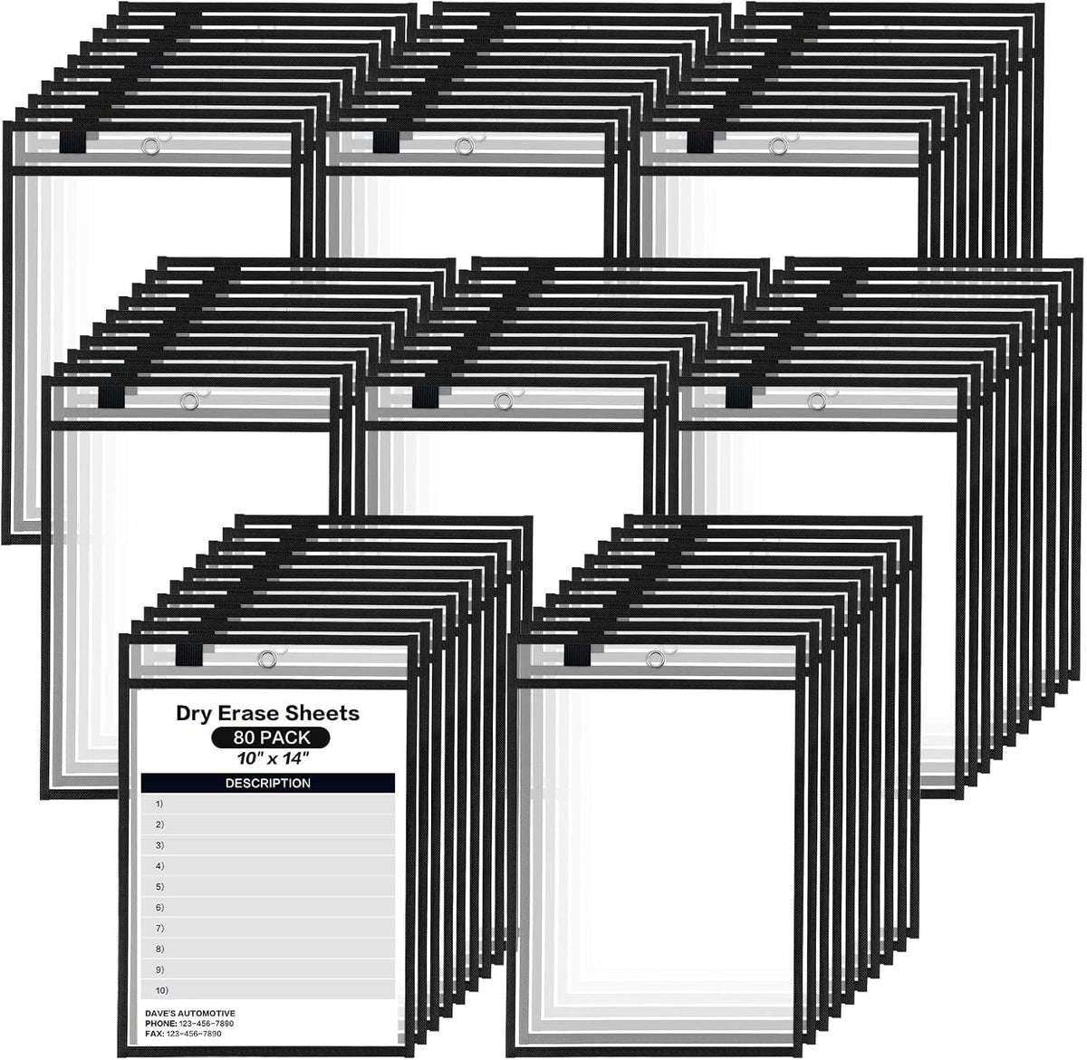 80 Pack Dry Erase Pockets, Black 14 x 10 Inch Reusable Job Ticket Holders Work Order Plastic Sleeves Shop Ticket Folder Dry Erase Sheet Protectors for Teacher Classroom Office Organization