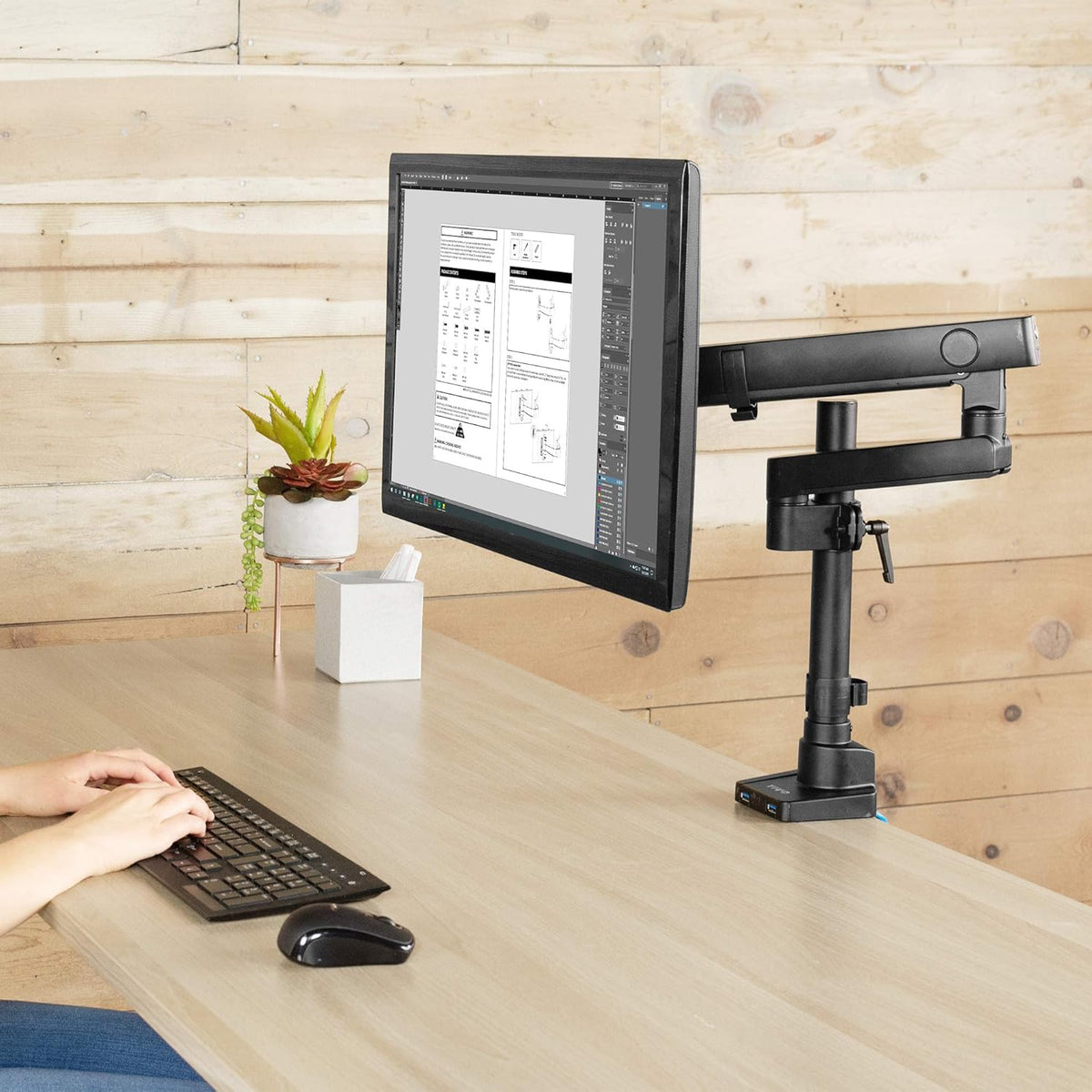 VIVO Premium Aluminum Full Motion Single Monitor Desk Mount Stand with Lift Engine Arm, Pole Extension, and USB Ports, Fits Screens up to 32 inches, STAND-V101BDU