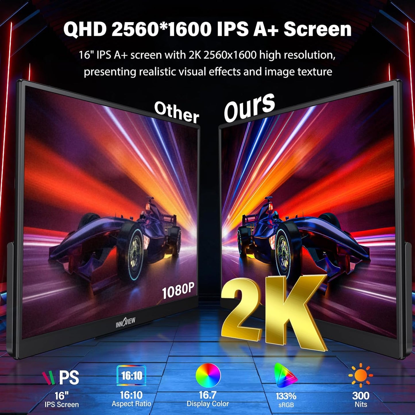 InnoView 16" 2K 240Hz Portable Monitor, 100% sRGB Portable Gaming Monitor Laptop Monitors Built-in Speakers 180° Adjustable Type-C HDMI IPS Eye Care External Second Screen for PS4 PS5 Switch Xbox PC