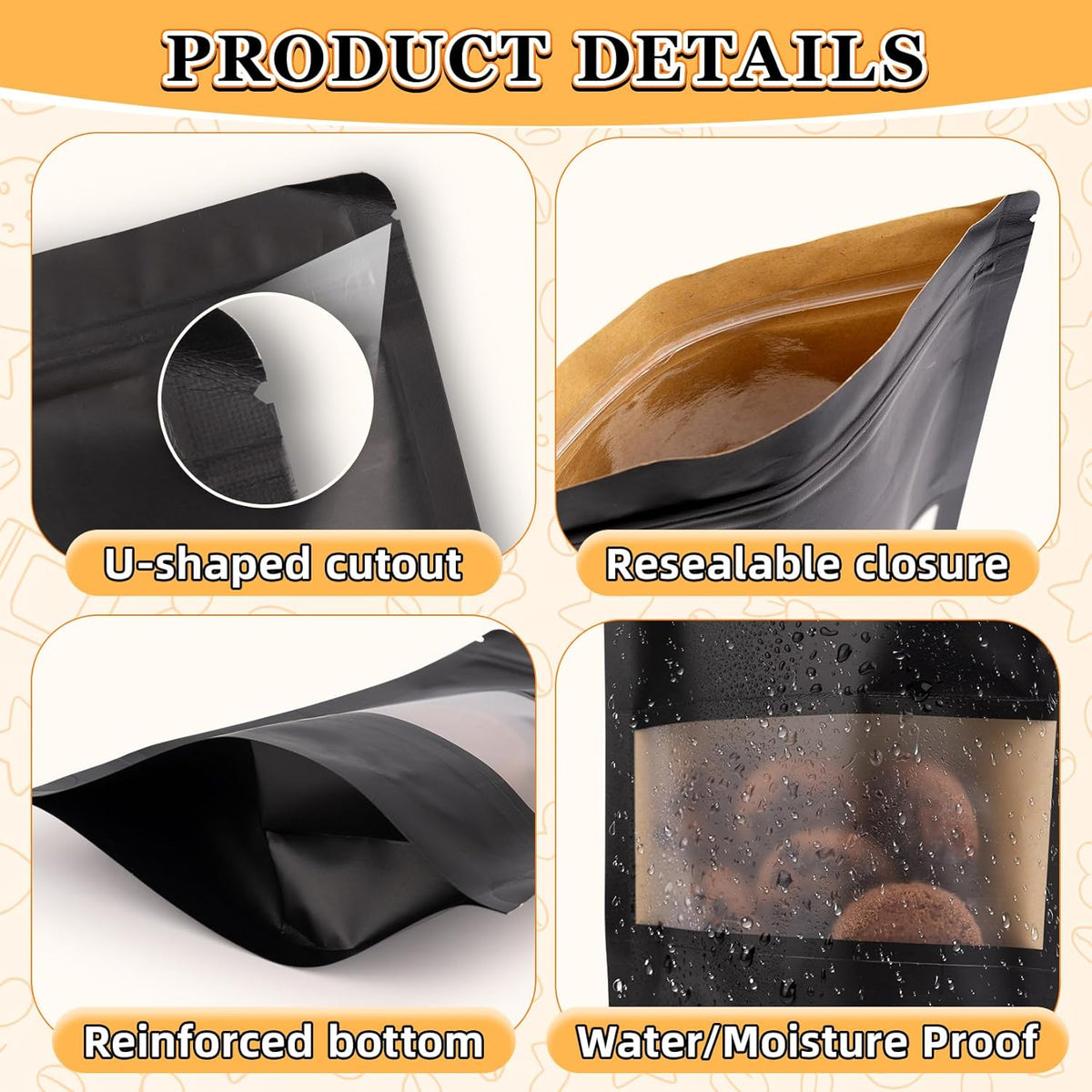 Mylar Bags for Food Storage, 100 Pack Smell Proof Bag with Window, Resealable Bags for Small Business, Candy Bags, Dog Treat Bag, Bakery Packaging, Stand Up Pouch (7.1"x10.2")