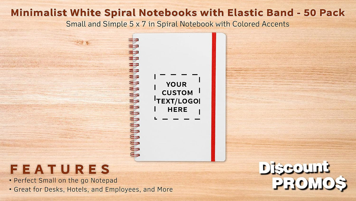 50 White Spiral Notebooks with Elastic Band Pack - Customizable Text, Logo - 80 lined pages, Recycled - Red