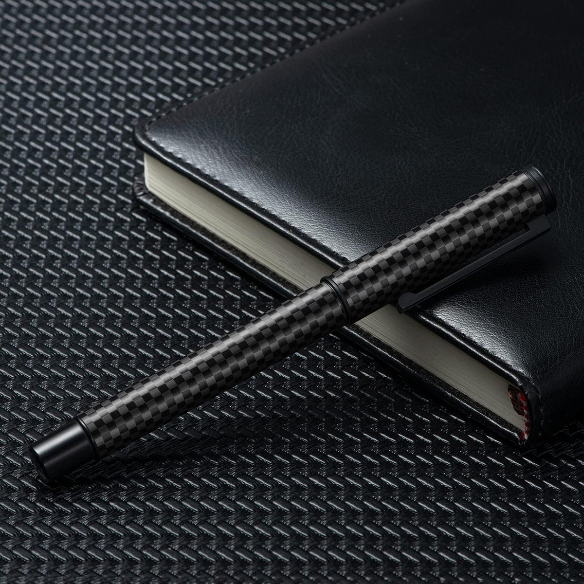 Hongdian Black Carbon Fiber Fountain Pen, Bent Nib Fude Pen for Calligraphy Writing (Fine to Broad) with Converter and Metal Pen Box Set