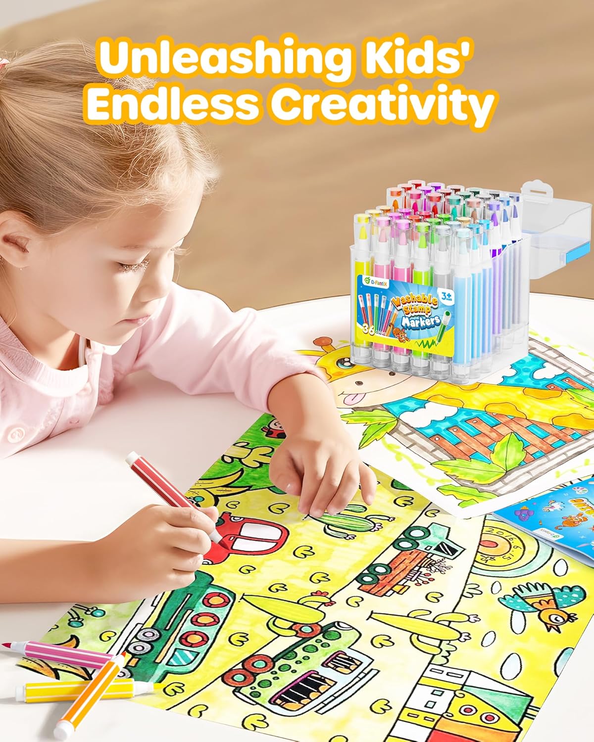 D-FantiX 36 Colors Washable Markers for Kids, Stamp Markers Coloring Set with Coloring Books and Stand Portable Box, Back to School Supplies for Girls Boys, Kids Road Trip Activities