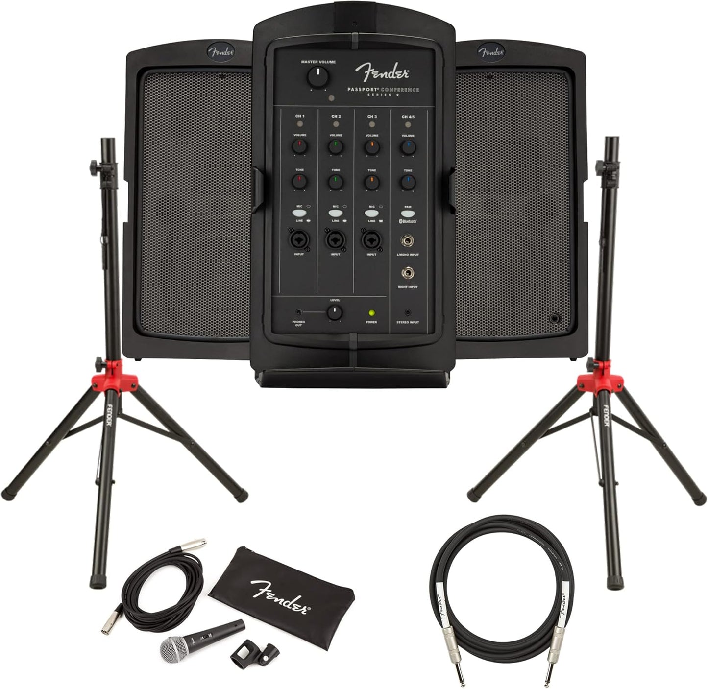 Fender Passport Conference S2 Portable PA System Bundle with Microphone, Compact Speaker Stands, XLR Cable, and Instrument Cable