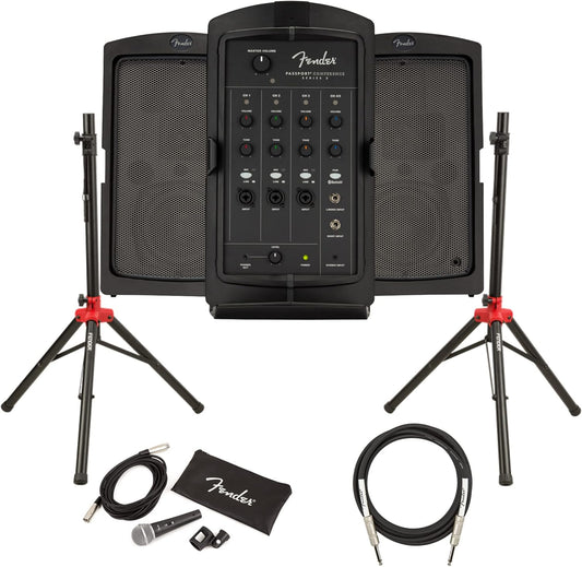 Fender Passport Conference S2 Portable PA System Bundle with Microphone, Compact Speaker Stands, XLR Cable, and Instrument Cable