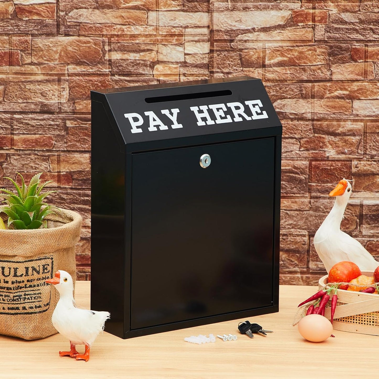 15 x 12 x 4 Inch Safe Cash Box Money Collection Metal Donation Box with Lock Wall Mount Pre Drilled Mailbox Delivery Ballot for Home Office Outdoor Self Serve Stand(Black)