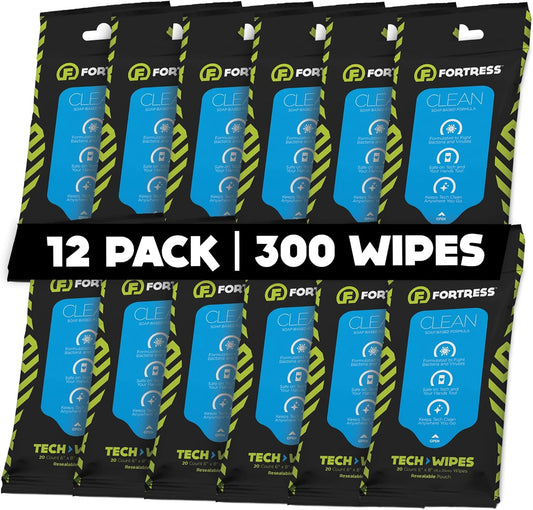 Fortress Electronic Wipes (25 ct, Pack of 12) To-Go Tech Wipes for Screens, Phones, Keyboards, TV Monitors, Computer Screens, and More [Travel Size] Skin-Safe