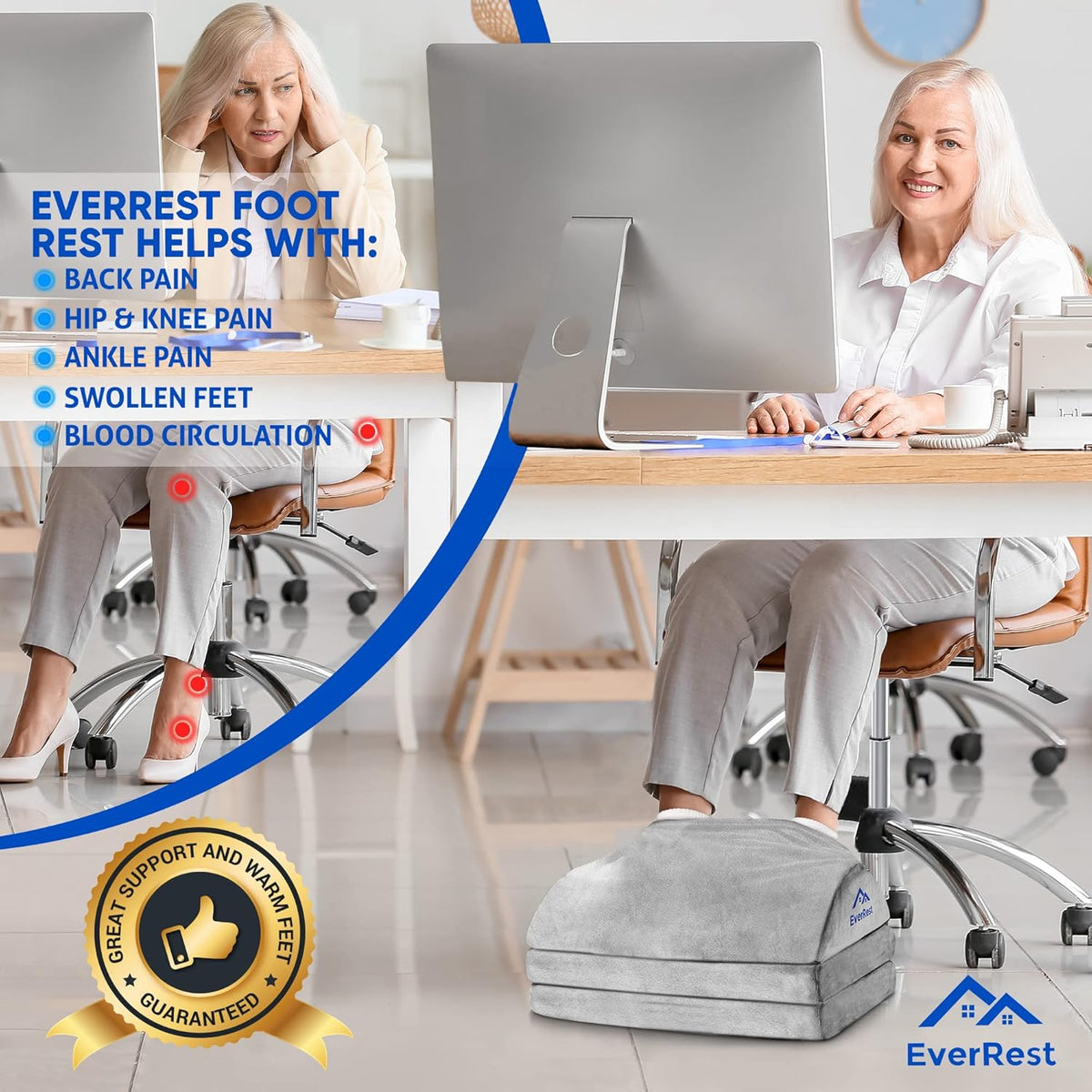 EverRest Under Desk Footrest for Office Use - Warmer Feet, 3 Adjustable Heights - Tall Ergonomic Foot Rest Stool for Gaming Chair, Computer - Leg Support for Work from Home