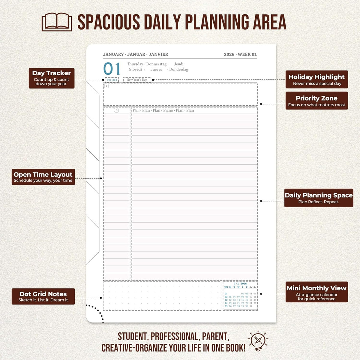 Daily Planner 2026 with One Page Per Day,(A5-8.5" x 5.9"),12 Months Calendar Hourly Appointment Book Monthly Tabs&Self-adhesive Pen Holder,Inner Pocket,Durable Vegan Leather Hardback,Brown