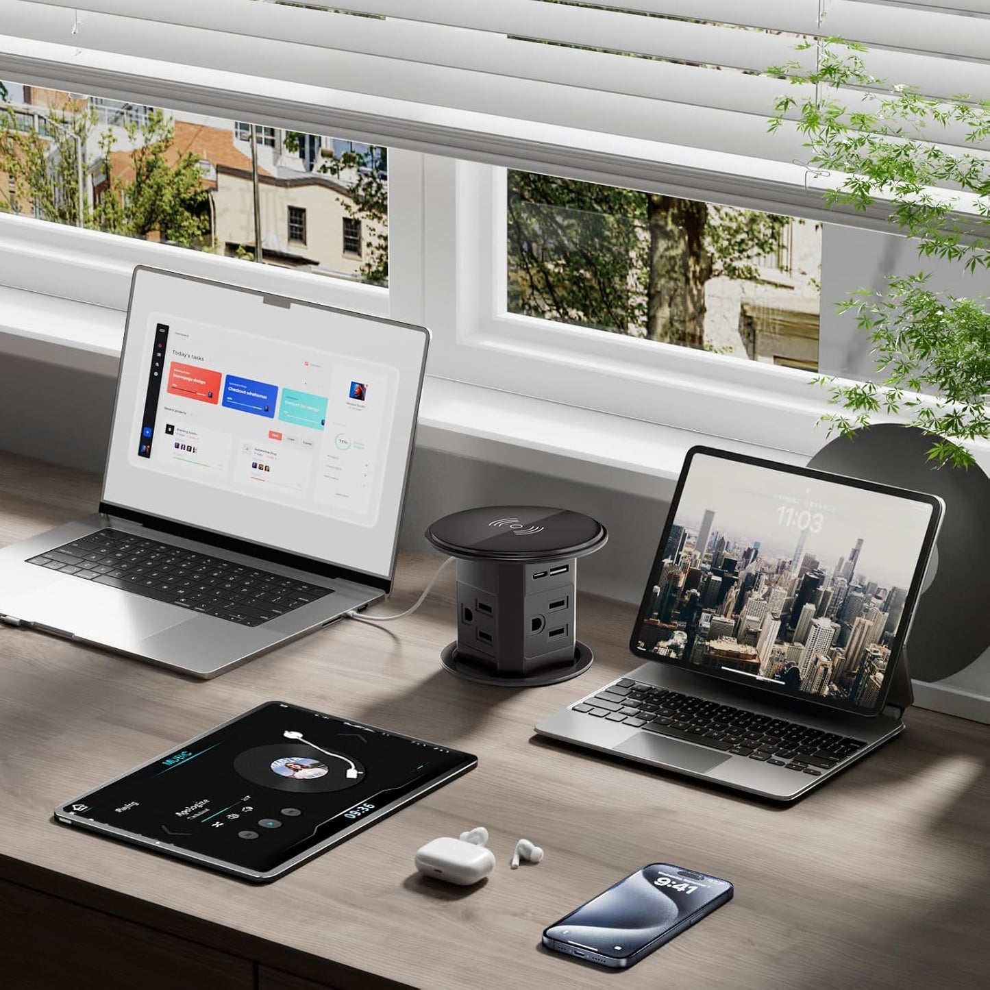 Pop Up Countertop Outlet with 15W Wireless Charger,Pop up Outlet,Max 20W USB Power Delivery,3.9" Space Saver Recessed Outlet,Pop Up Electrical Outlet with 4 Outlets 2 USB Ports for Home Office