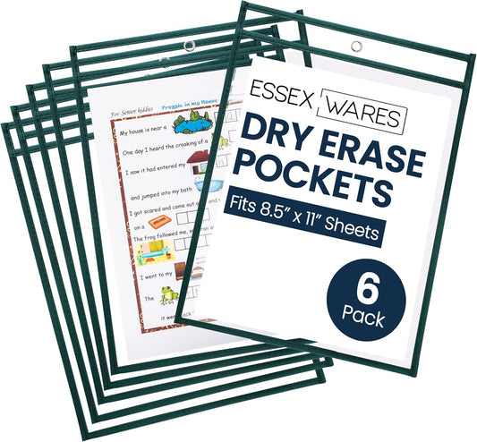 Essex Wares - 6 Pack, Forest Green, Water-Resistant Dry Erase Pocket Document Protectors, 10" Wide x 13.5" Tall - Dry Erase Clear Plastic Sleeves - Reusable & Easy Erase Plastic Invoice Holders