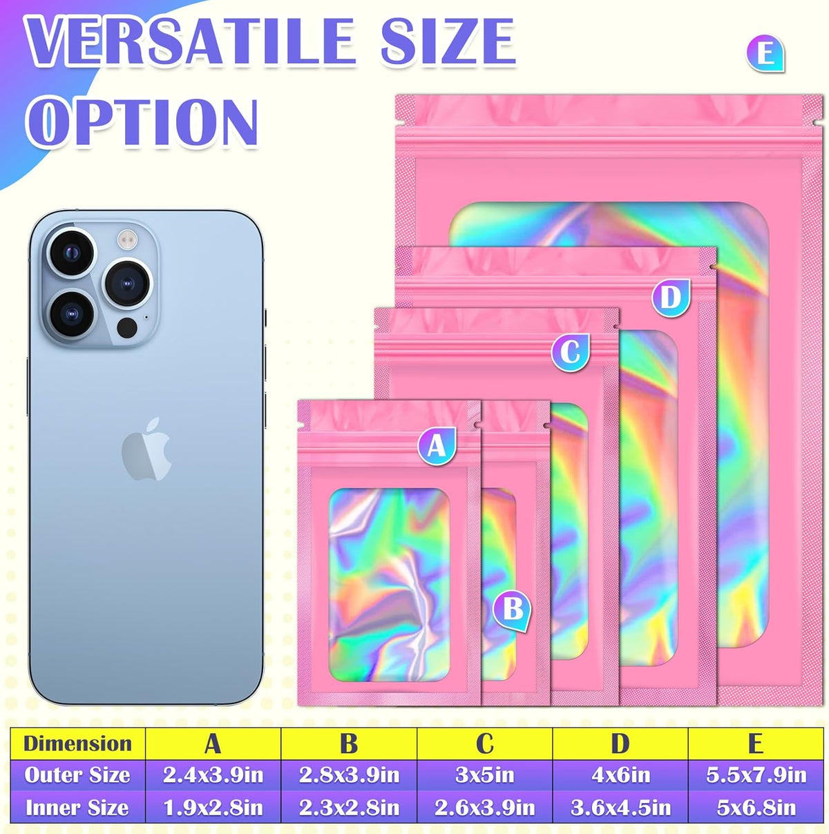 300 Pcs Mylar Bags, Smell Proof Bags Foil Pouch, Holographic Resealable Bags for Small Business, Candy Sample Jewelry Bag Sealable Packaging for Party Favor Food Storage (2.4x3.9in-Pink)