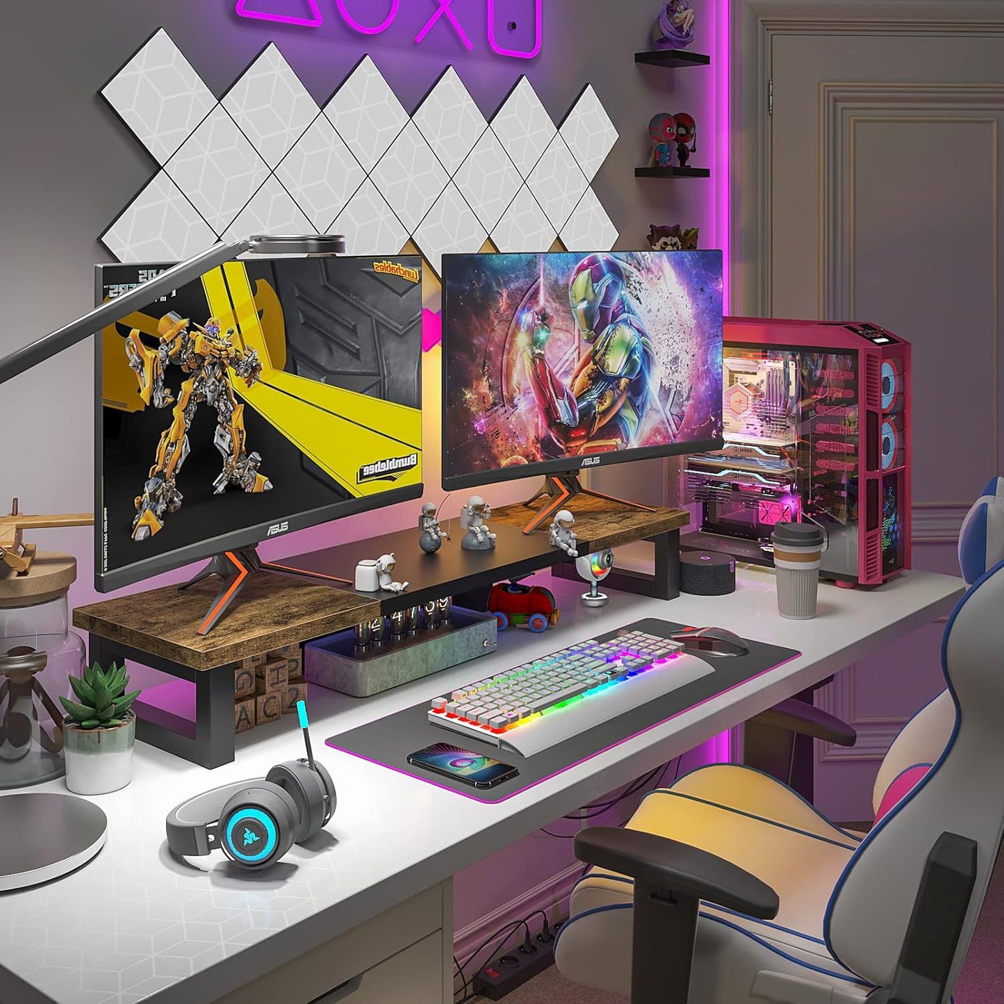 WESTREE Dual Monitor Stand Riser, Wood and Steel Multi-Purpose Desktop Storage Stand for 2 Monitors for Computer, Laptop, Printer, TV, Rustic Brown