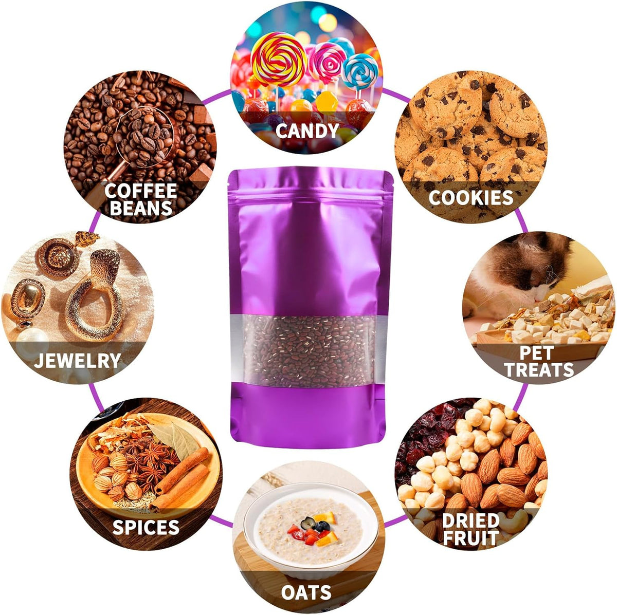 100 Pack Smell Proof Bags, Resealable Purple Mylar Bags with Matte Window, Foil Pouch Stand Up Sealable Bags for Packaging, 4.72 × 7.87 Inch