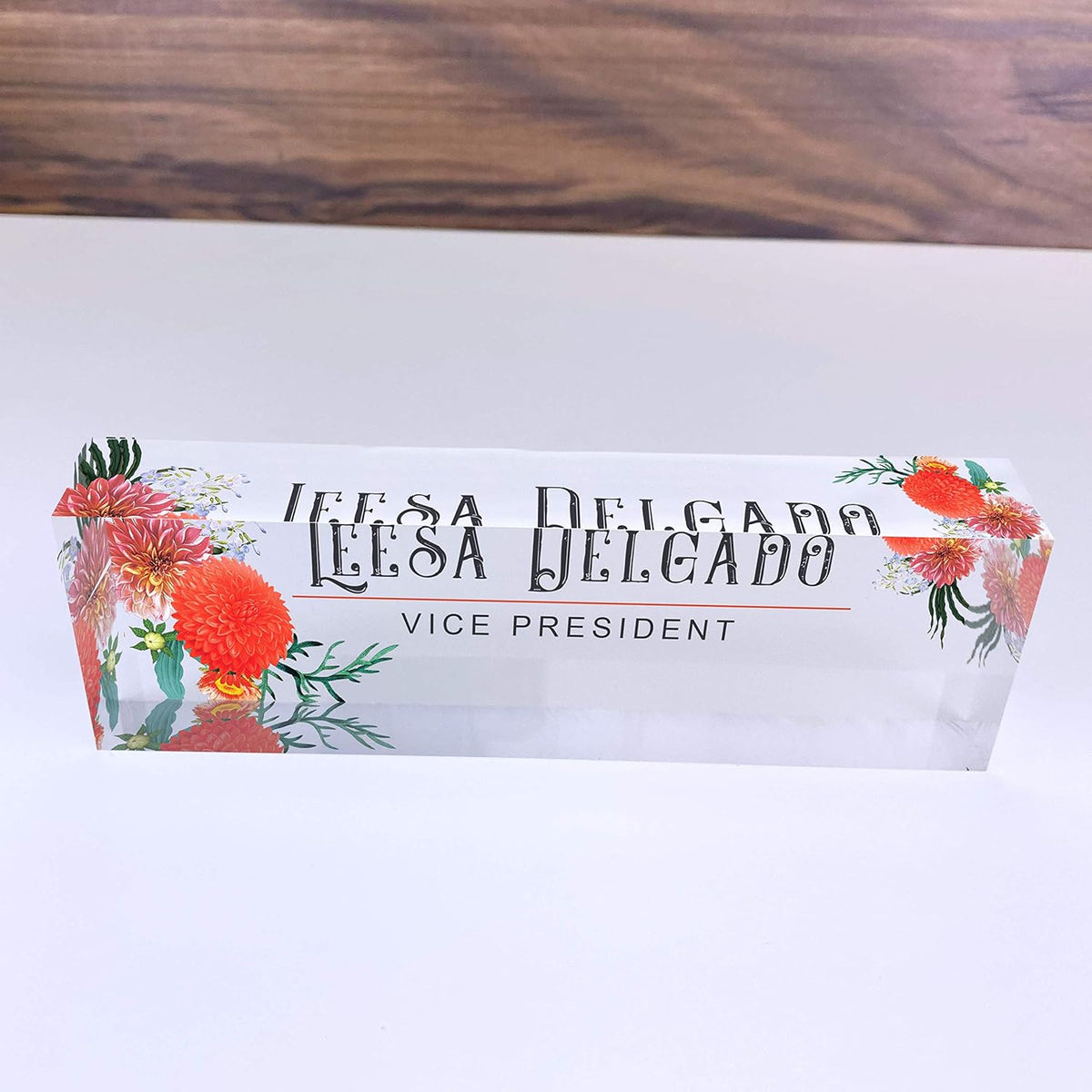 Artblox Office Desk Name Plate Personalized | Custom Name Plates for Desks | Autumn Flowers Design On Clear Acrylic Glass | Office Desk Decor - (8" x 2.5")