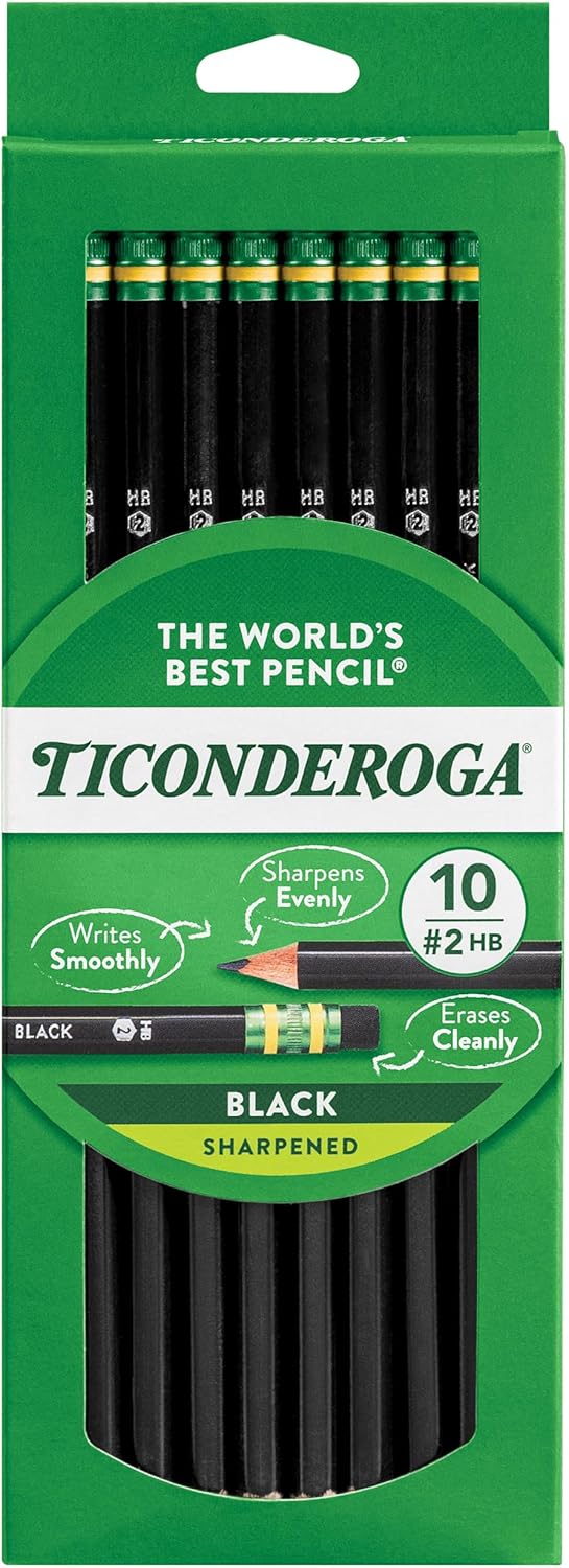 Ticonderoga Wood-Cased Pencils, Pre-Sharpened, 2 HB Soft, Black, 10 Count