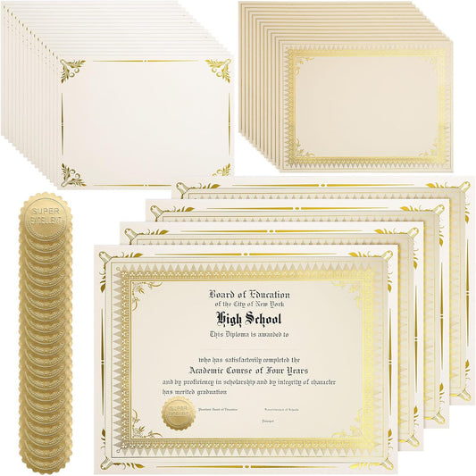Fainne 50 Sets Certificate Kit Includes 50 Pcs 9.5 x 12 Inch Certificate Holders 50 Pcs Letter Size Papers 50 Pcs Foil Award Seals Diploma Covers for Appreciation(Beige, Gold)