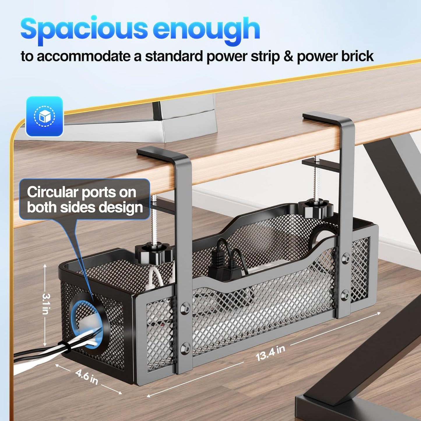 2 Pack Cable Management Under Desk Tray, No Drill Cable Management Box with Clamp for Wire Organization, Cord Organizer for Office, Home - No Damage to Desk (Black)