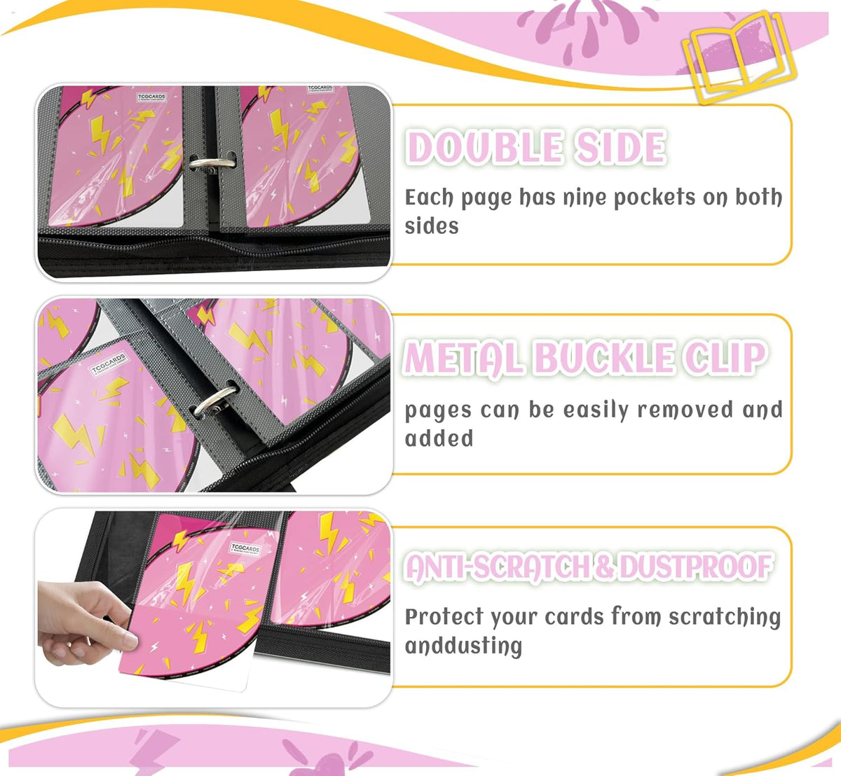 Trading Card Binder 4 Pocket，Card Binder 400 Pockets Card Book Holder Cards with 50 Removable Sleeves，3-Ring Zip Design MTG/TCG/Sport Collectible Trading Card Albums Gifts for Boys and Girls (Pink)