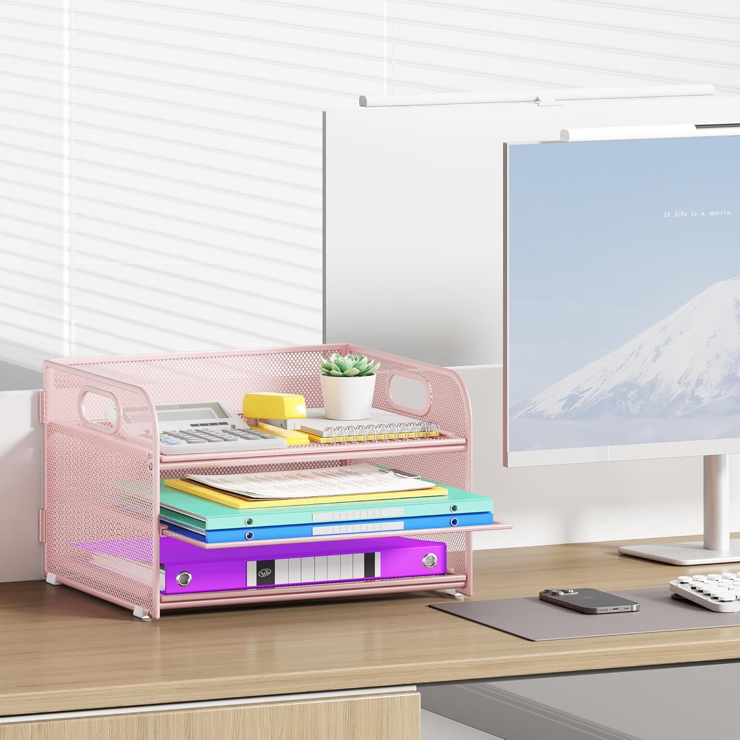 3 Tier Paper Organizer with Handle, Metal Desk Organizer Mesh Paper Letter Tray Desktop File Folder Document Sorter for Classroom, School, Office Accessories Organization and Storage - Pink