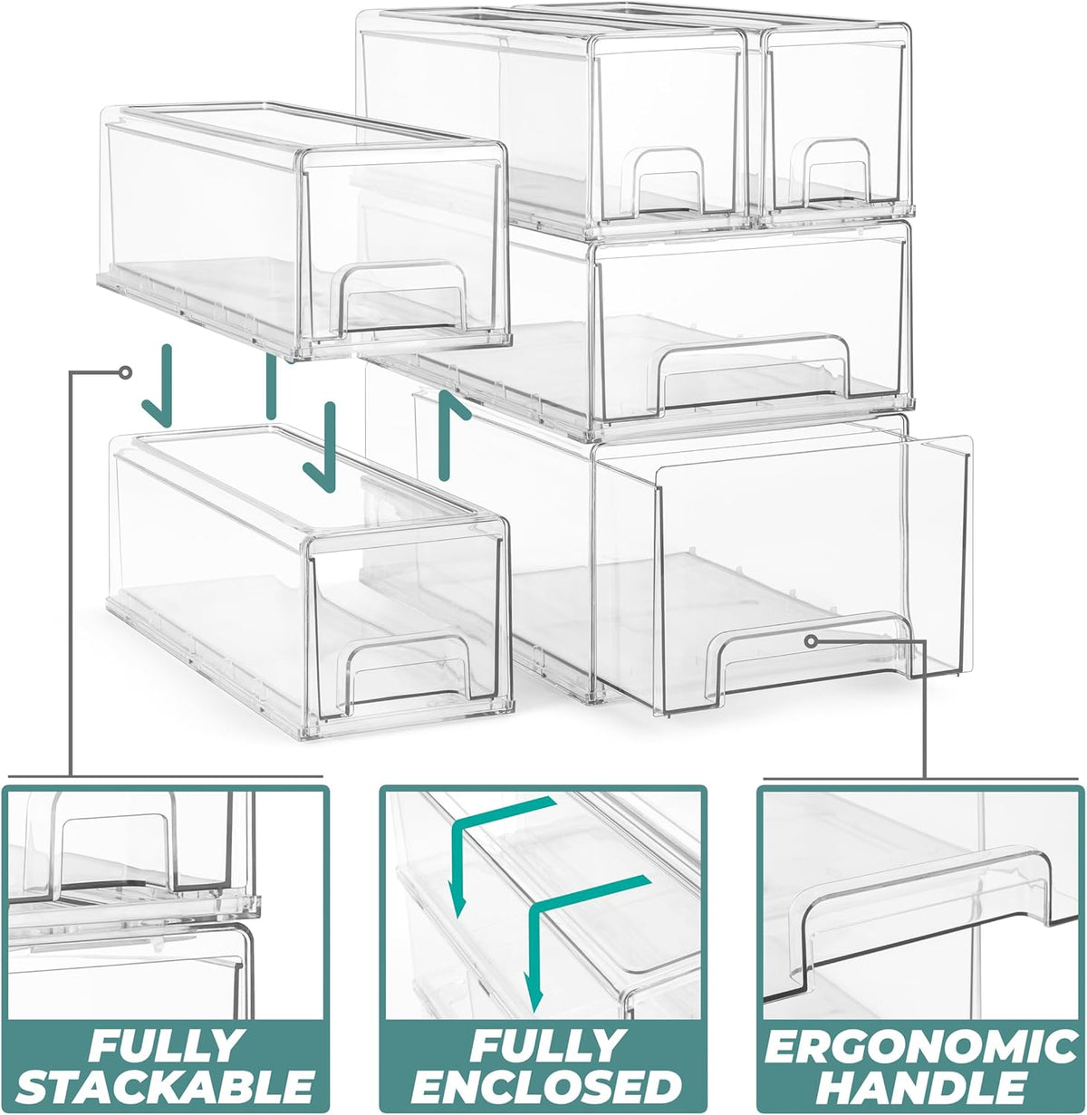 Sorbus 1 Medium & 2 Small Clear Stackable Storage Drawers – Plastic Organizer Bins with Handles – Stackable Pull-Out Storage Drawers for Closet, Pantry, Office, Bathroom, Craft, and Toy Organization