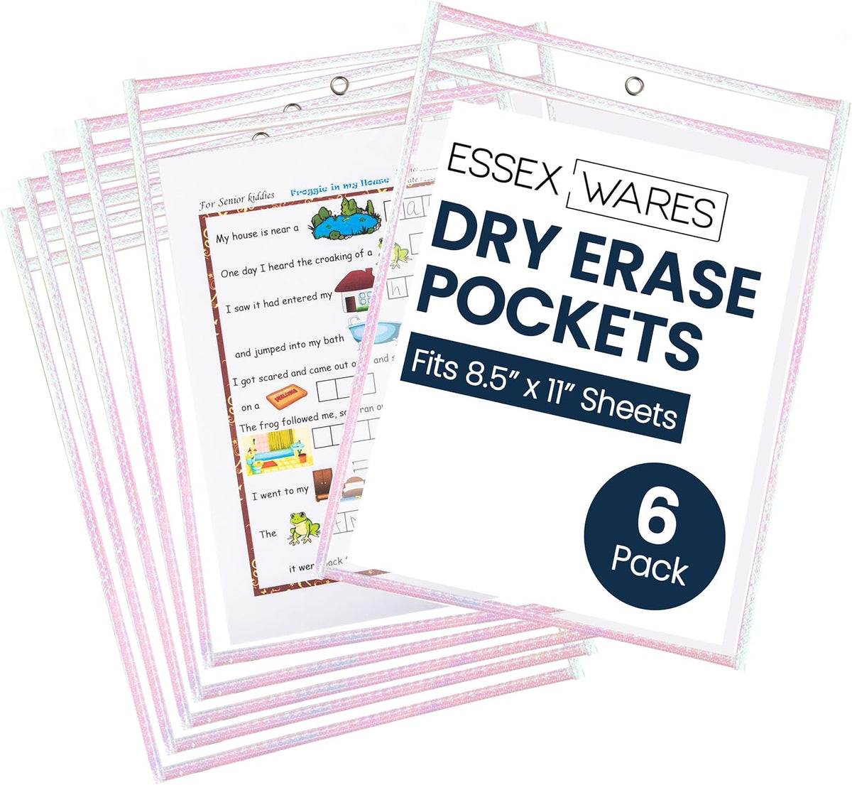 Essex Wares - 6 Pack, Shimmer, Water-Resistant Dry Erase Pocket Document Protectors, 10" Wide x 13.5" Tall - Dry Erase Clear Plastic Sleeves - Reusable & Easy Erase Plastic Invoice Holders