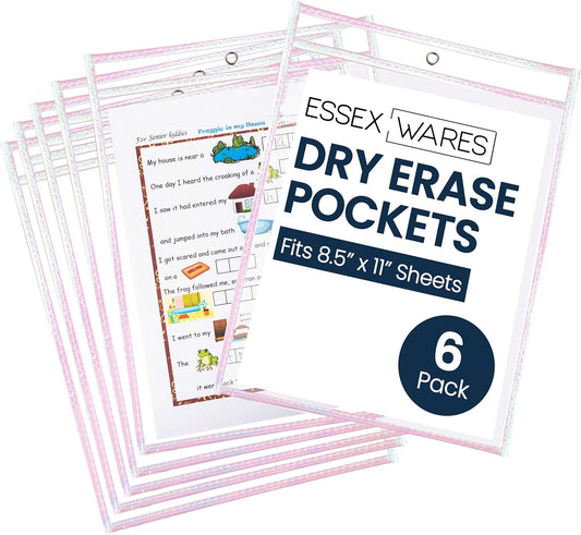 Essex Wares - 6 Pack, Shimmer, Water-Resistant Dry Erase Pocket Document Protectors, 10" Wide x 13.5" Tall - Dry Erase Clear Plastic Sleeves - Reusable & Easy Erase Plastic Invoice Holders