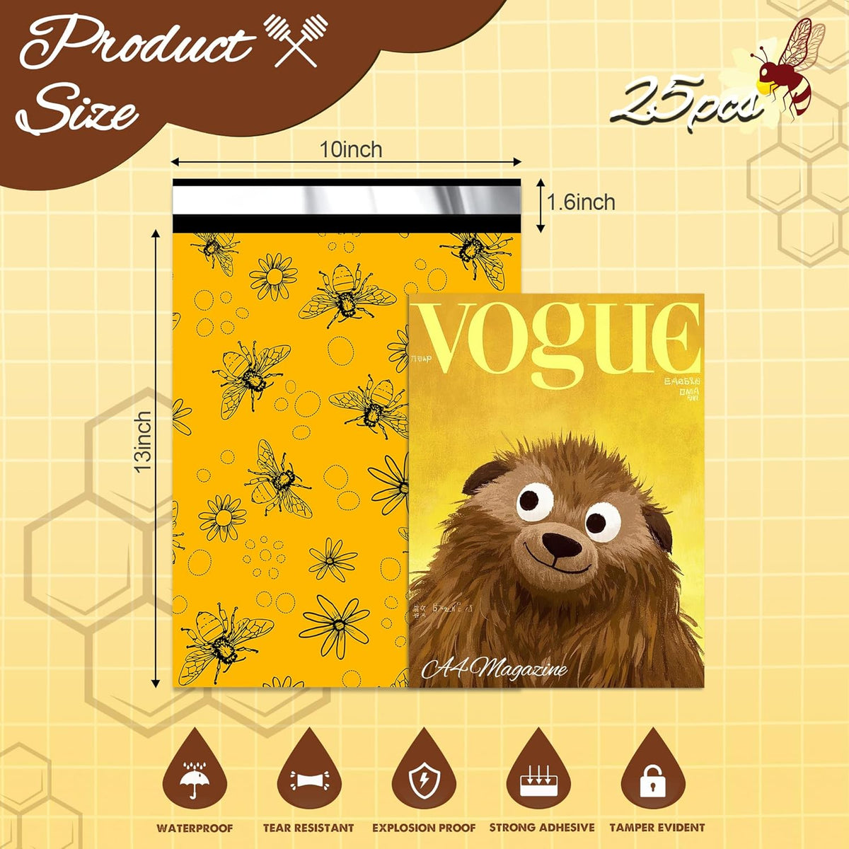 Bees Poly Mailer 10x13 Inch 25 Pcs, Waterproof Shipping Bags for Clothing, Tear-Resistant Mailier Bags, Strong Mailing Bags with Self-Seal