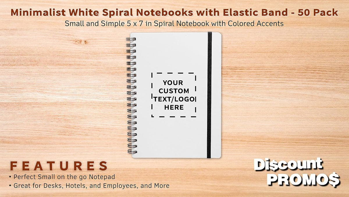 50 White Spiral Notebooks with Elastic Band Pack - Customizable Text, Logo - 80 lined pages, Recycled - Black